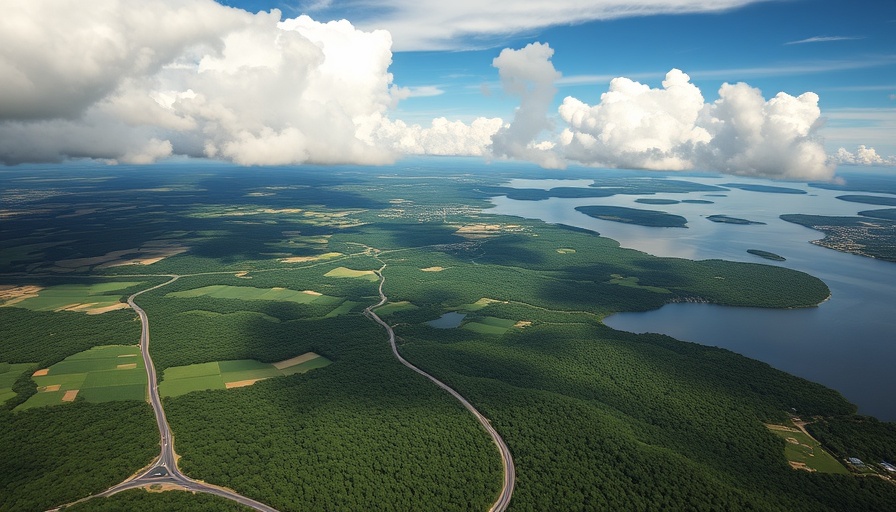 Aerial view of Kent Island with roads and waterways under dramatic clouds.