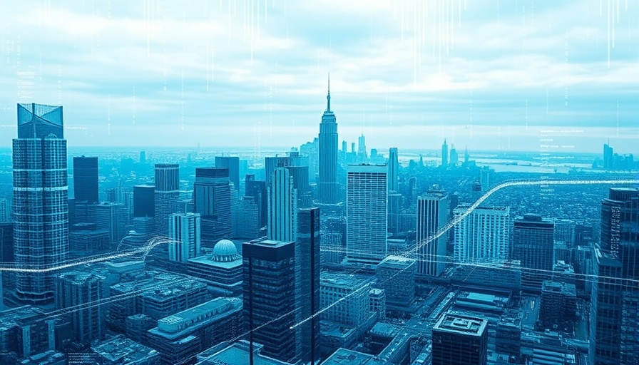 Futuristic digital cityscape with binary overlay representing AI.