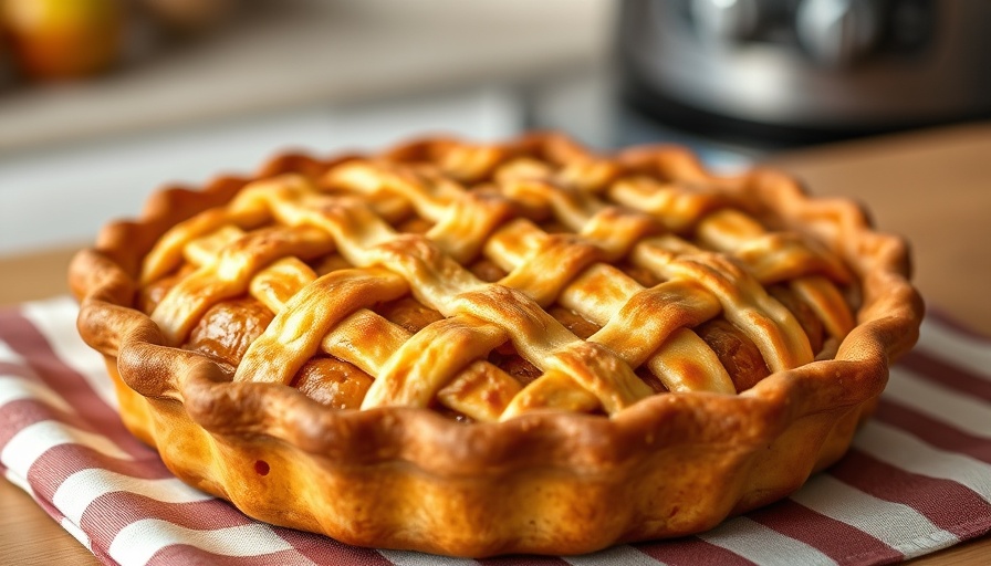Diner-style apple pie with a golden lattice crust on a striped cloth.
