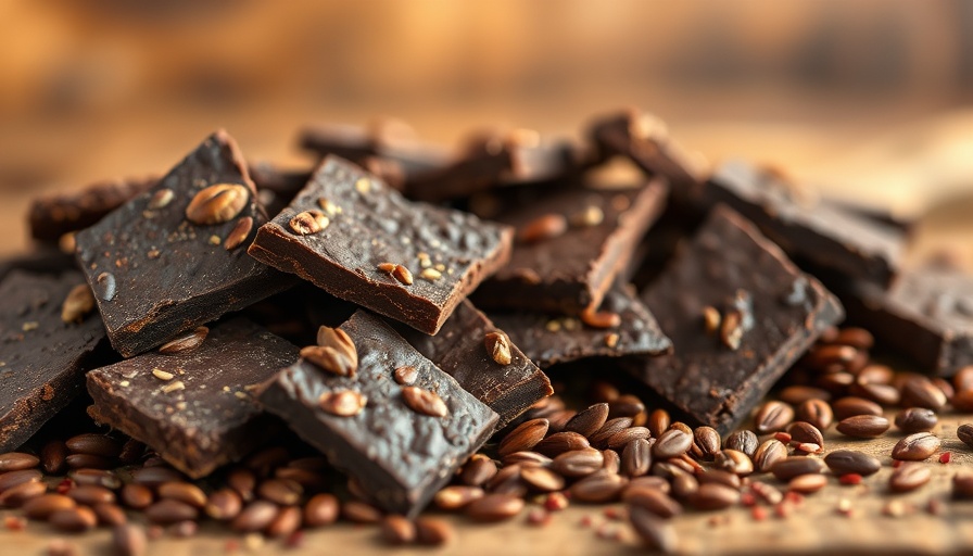 Close-up of dark chocolate flax bark on rustic table.