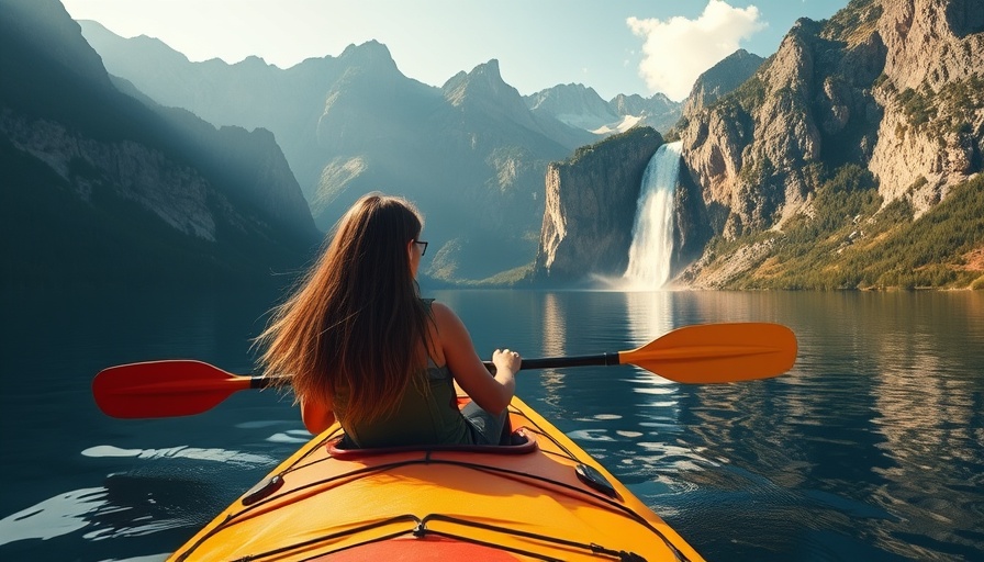 Woman kayaking with mountain and waterfall view representing women-only travel experiences.