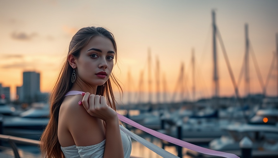 Elegant woman in marina setting at dusk with ribbons, perfect for Afro Jazz music relaxation.