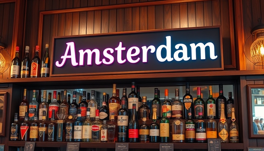 Vibrant Amsterdam bar shelf with colorful bottles and sign, warm ambiance
