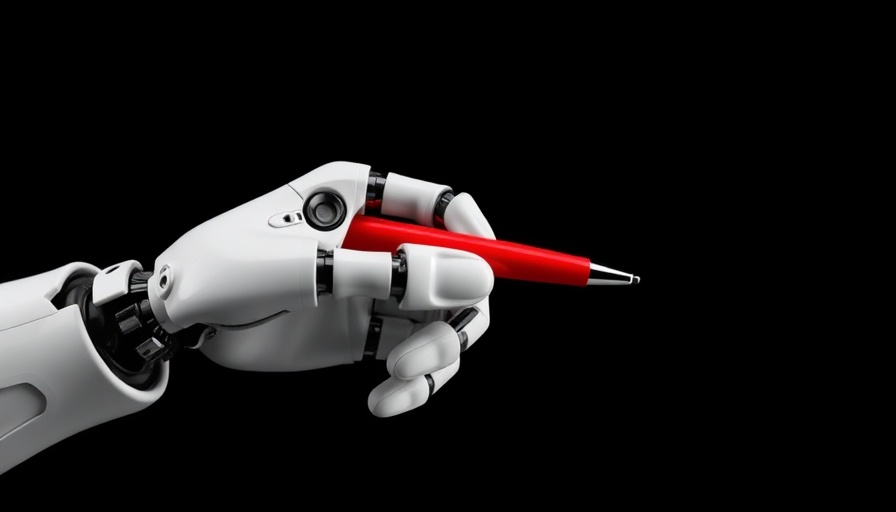 Robotic hand with red pen symbolizing innovation.