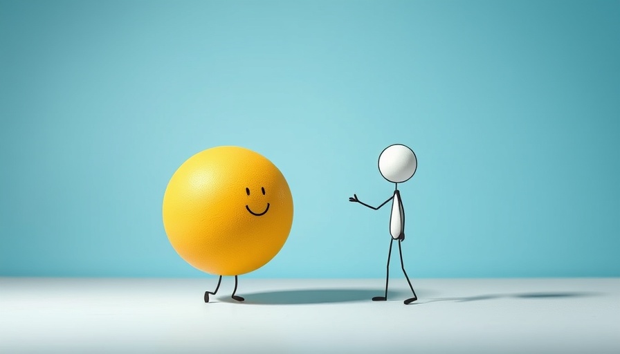 Playful stick figure and sphere illustration, cartoon style.