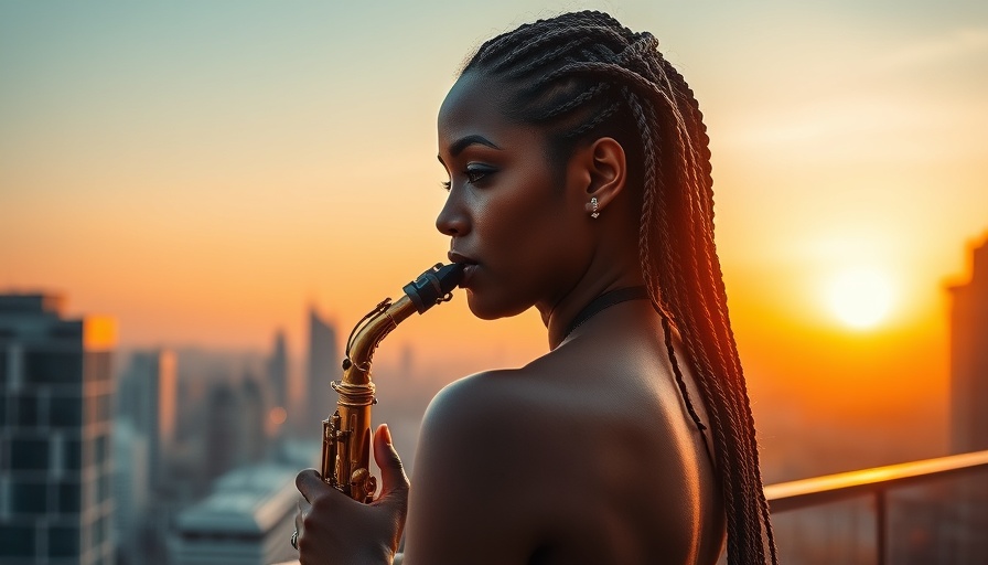 Amapiano Meets Latin Reggaeton Afro-Cumbia: Woman playing saxophone at sunset.