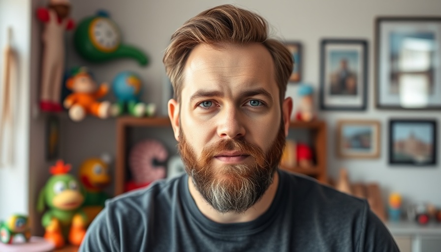 Casual bearded man indoors with toys and pictures.