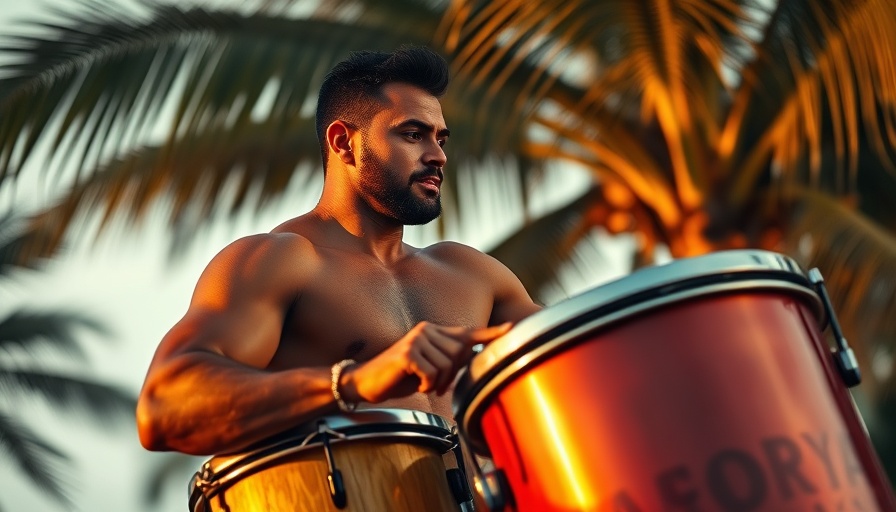 Muscular man performing conga drums with tropical sunset.