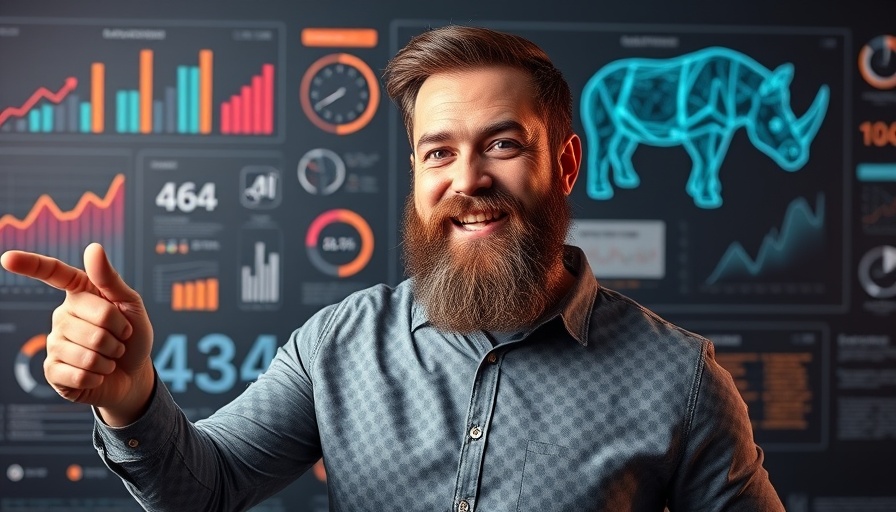 Engaged bearded man discussing AI motion graphics with infographics.