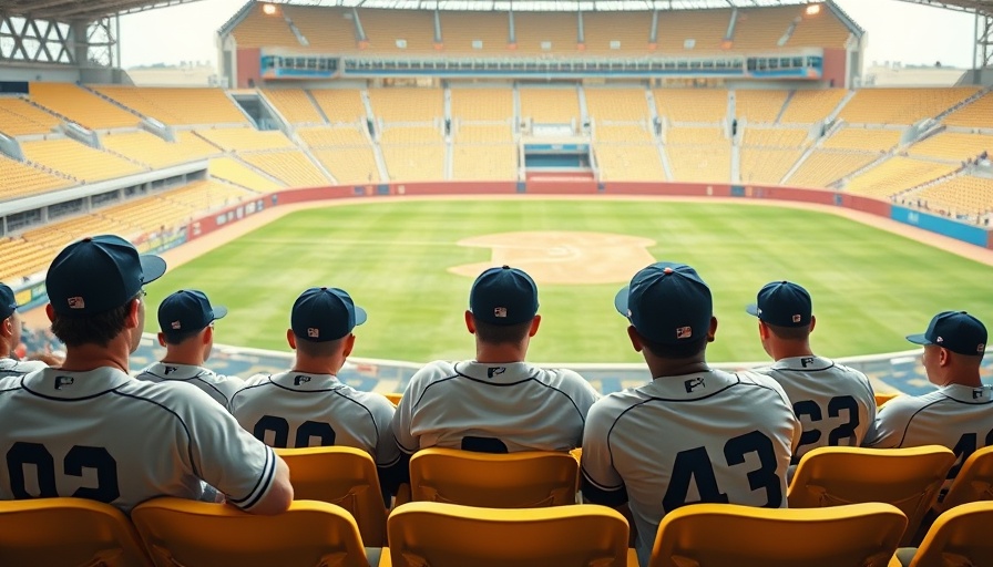 Baseball team sitting together, observing the field, symbolizing teamwork.