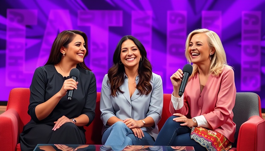 Three women discussing success on a colorful talk show set.