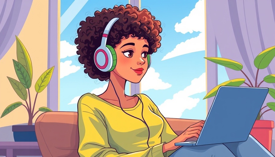 Cartoon woman with headphones enjoying lofi music relaxation indoors.