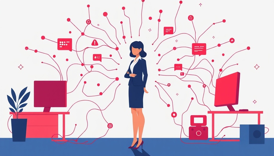 Abstract digital disruption illustration with a businesswoman and computer, representing 'Women in Business Leadership Through Digital Disruption'.