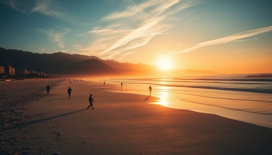 Sunset beach travel inspiration with people and golden light.