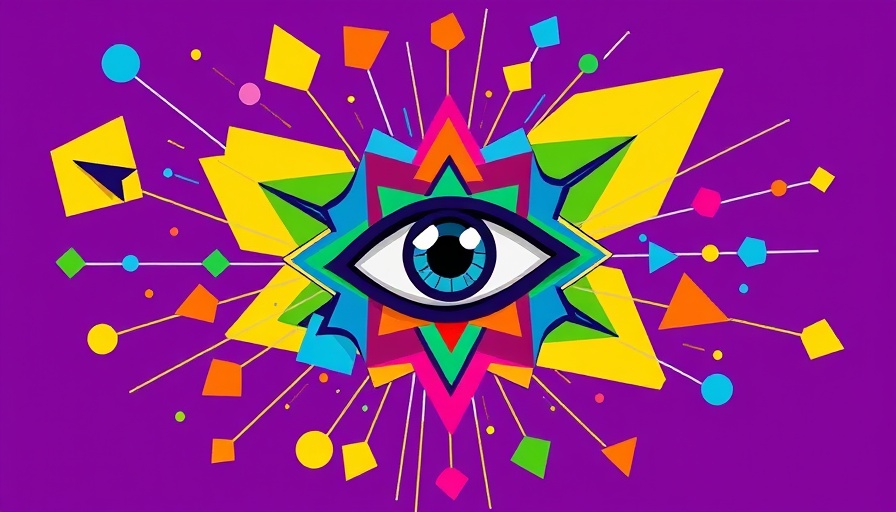 Vibrant abstract AI design with eye motif and shapes on purple.