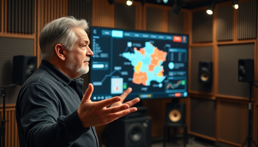 Middle-aged man presenting AI motion graphics in a studio with a map of France.