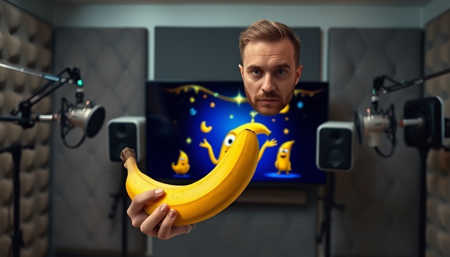 Man presenting animated Google Nano Banana characters in studio