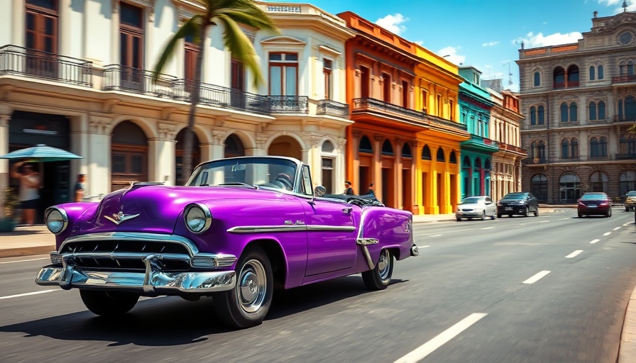 Classic car traveling around colorful Cuban streets