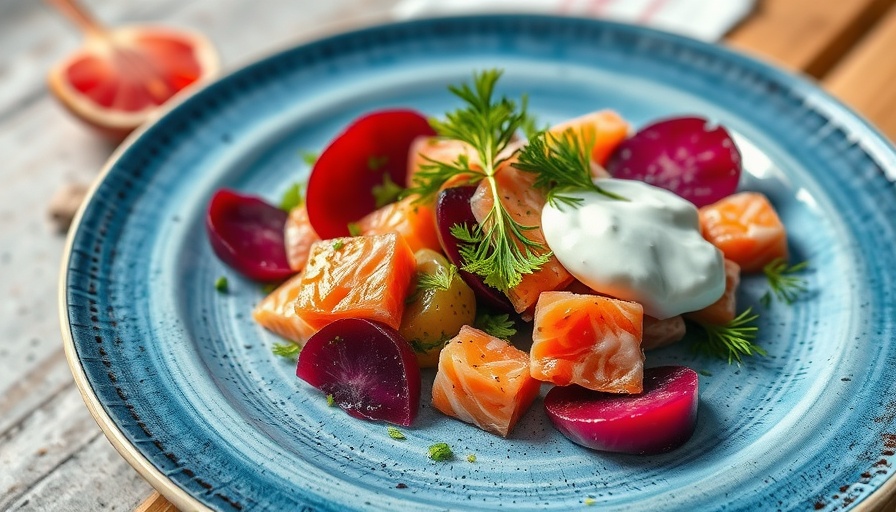 Delicious beet-salmon salad with horseradish yogurt on a blue plate.