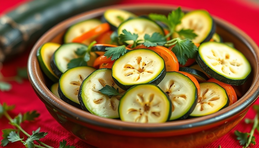 Sweet and spicy zucchini dish with herbs in a rustic bowl.