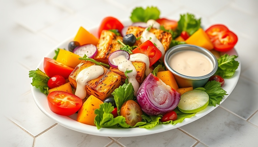Colorful grilled summer salad with creamy miso dressing on a tiled background.