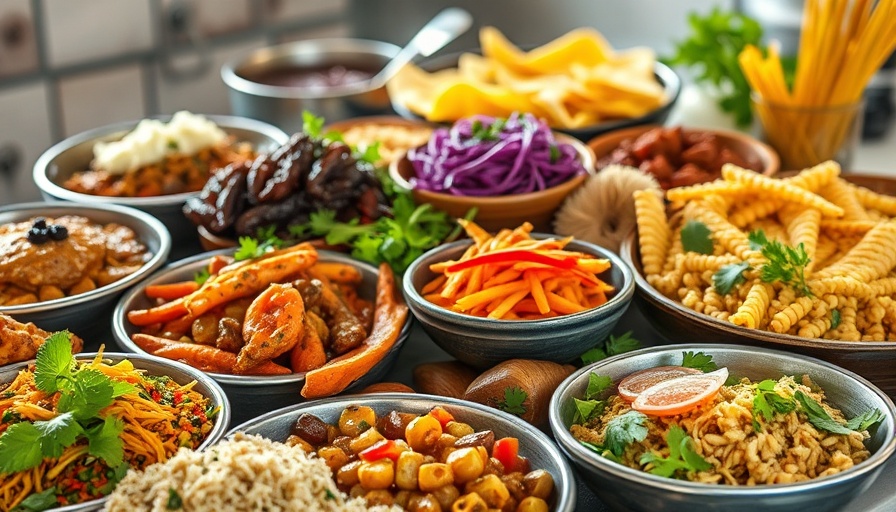 Colorful presentation of diverse global recipes on rustic table.
