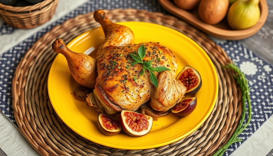Aromatic vinegar chicken with figs on yellow plate.