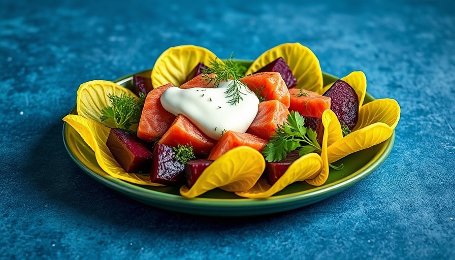 Beet-Salmon Salad with Horseradish Yogurt on blue textile