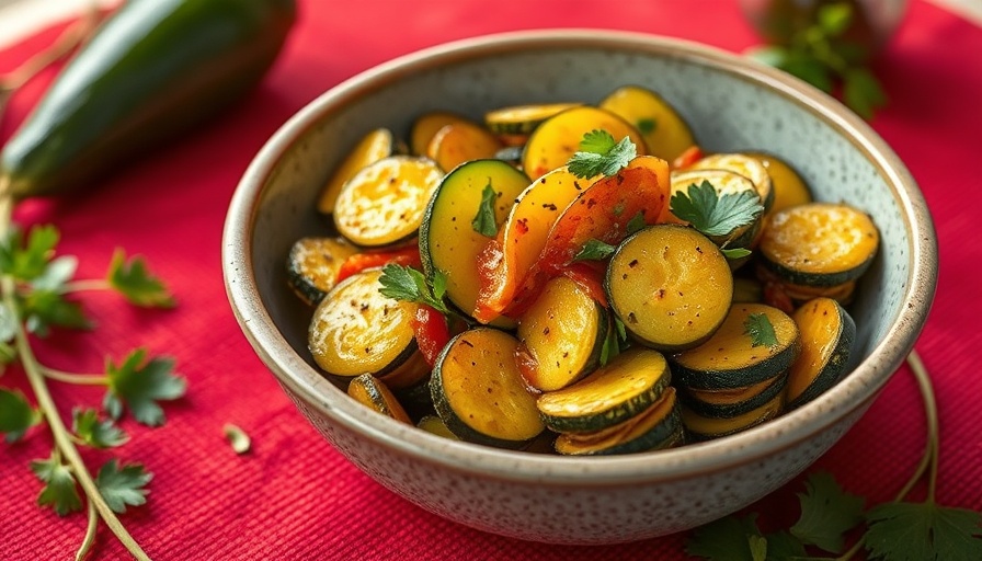 Sweet and spicy zucchini dish with herbs on a red tablecloth.