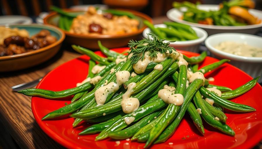 Green Beans with Tahini Sbagliato on red plate with herbs.