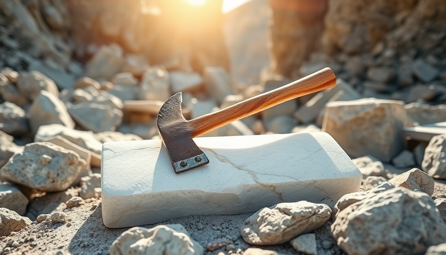 Chiseled marble block with pickaxe in sunlit quarry.