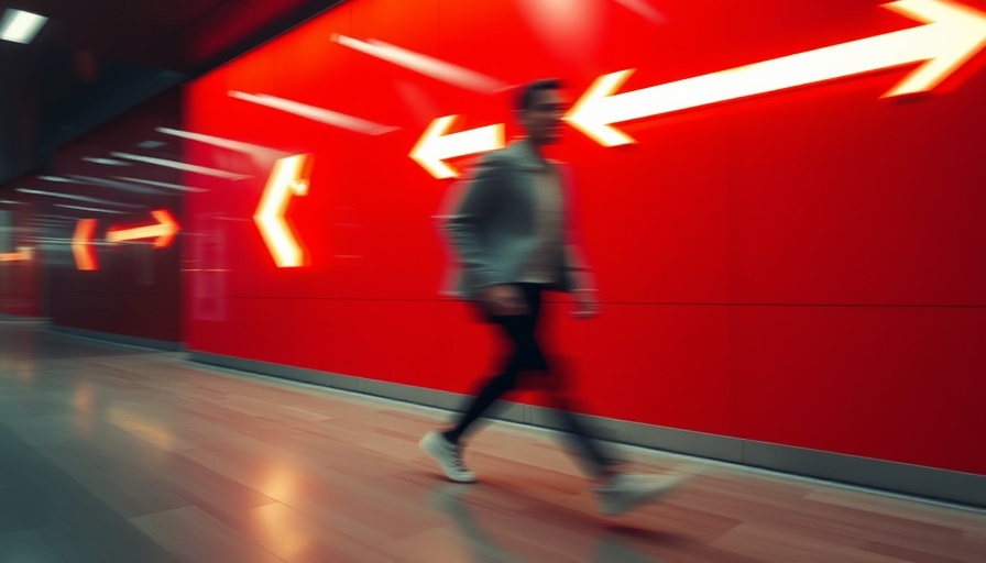 Blurred figure rushing past red wall with arrows, symbolizing urgency.