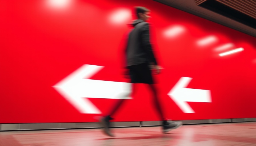 Blurry figure rushing by illuminated arrows on vibrant red wall.