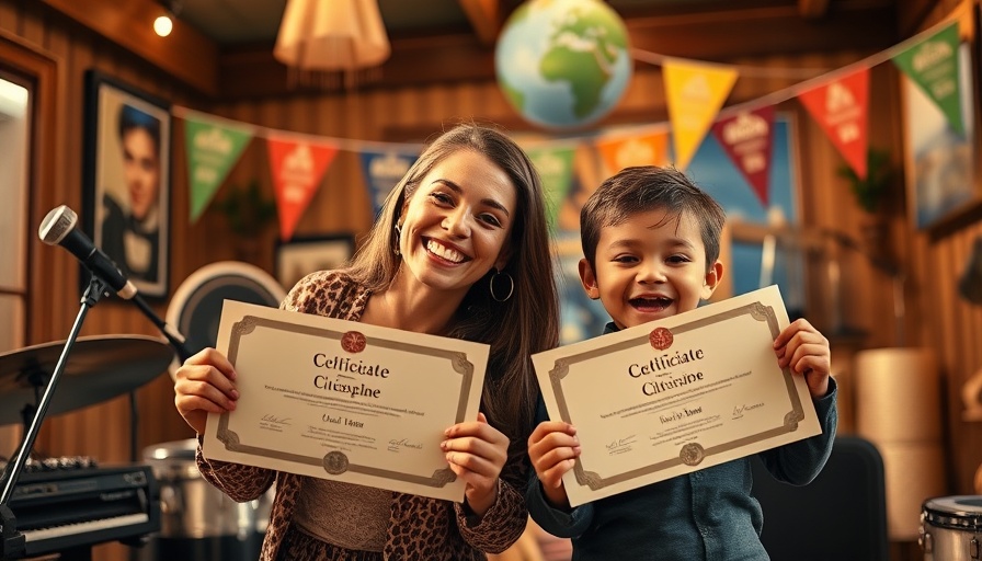 Joyful woman and child celebrating in a vibrant studio space.