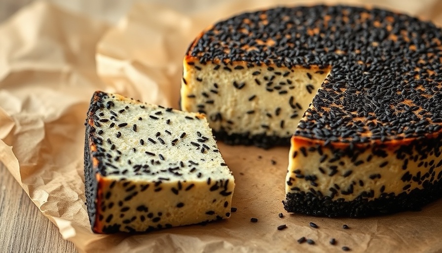 Sliced black sesame tofu Basque cheesecake on parchment.