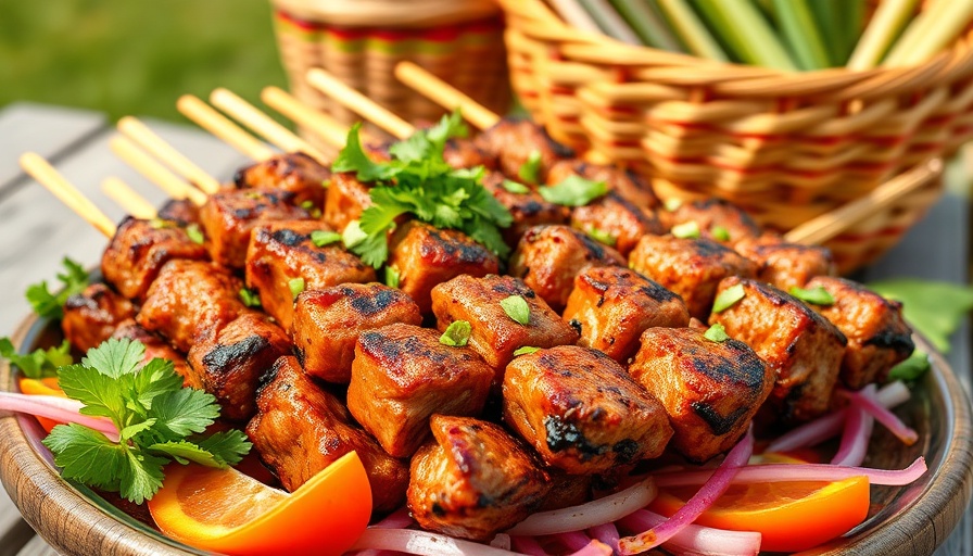 Moo Ping Thai grilled pork skewers garnished on a platter.