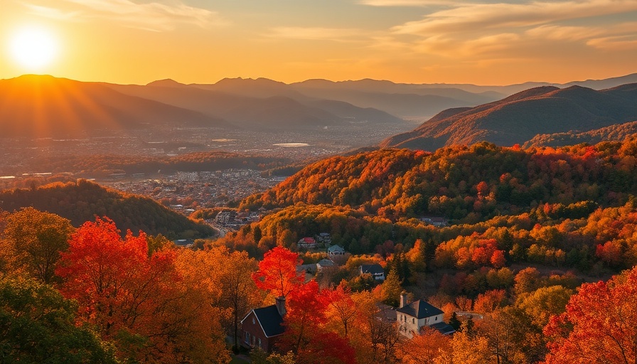 Aerial view of Asheville with fall foliage and mountains during sunset.