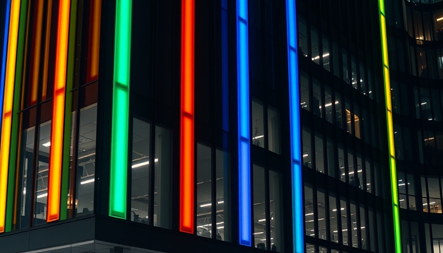 Office building facade at night with colorful lights visualizing AI organizational silos.