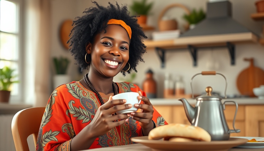 Joyful African woman of faith holding a teacup, smiling in contentment.