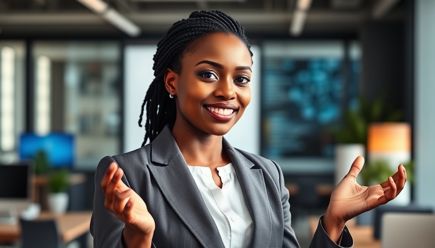 Confident African woman entrepreneur presenting AI concepts.