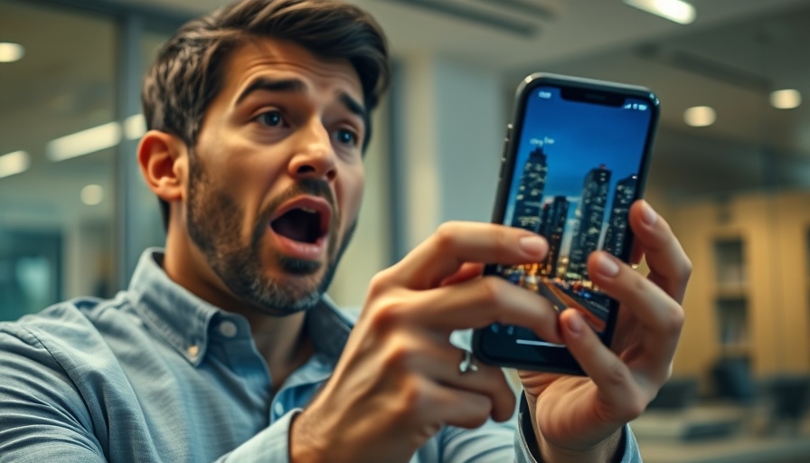 Animated man in office using a smartphone for content creation.
