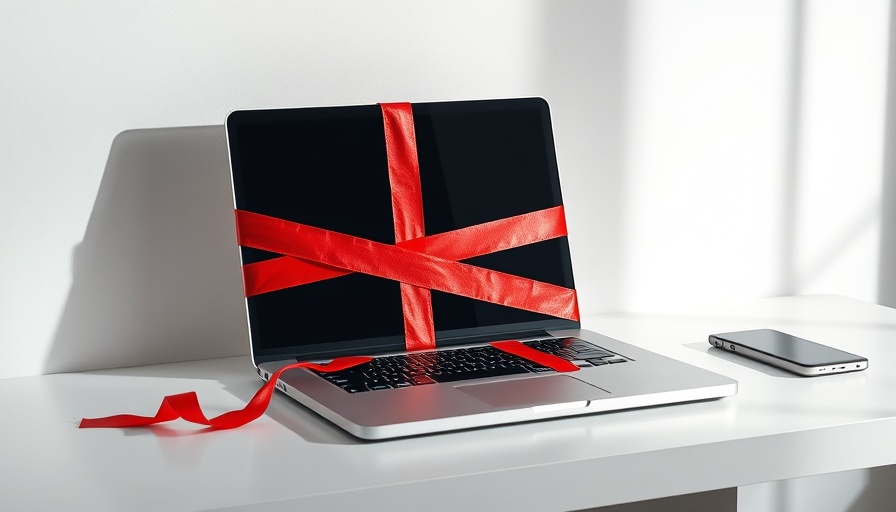 Laptop entangled with red tape symbolizing bureaucracy challenges.