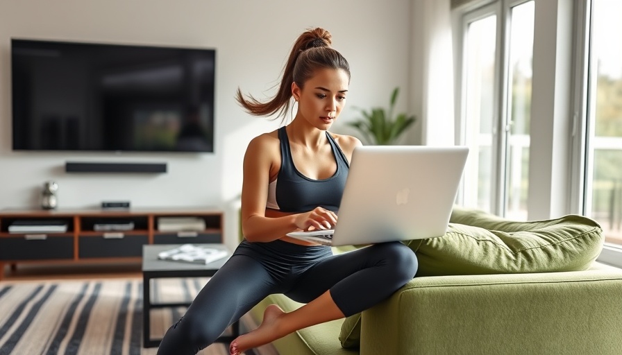 Young woman using laptop on green sofa in modern living room.