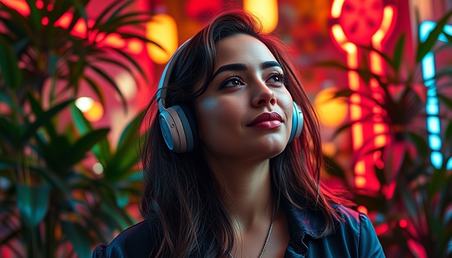 Stylish woman enjoying chill saxophone music for wellness.