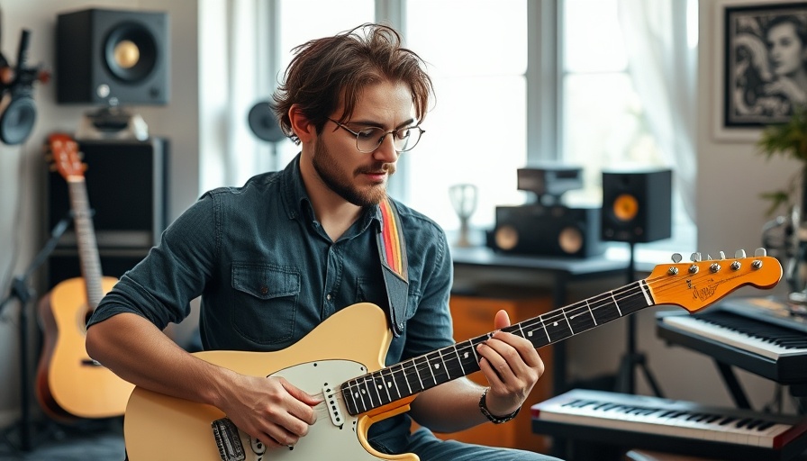 Musician plays guitar in home studio with AI backing tracks discussion