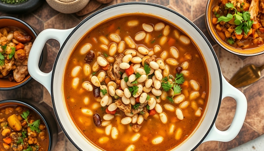 Delicious white bean turkey chili in pot on rustic tile table.