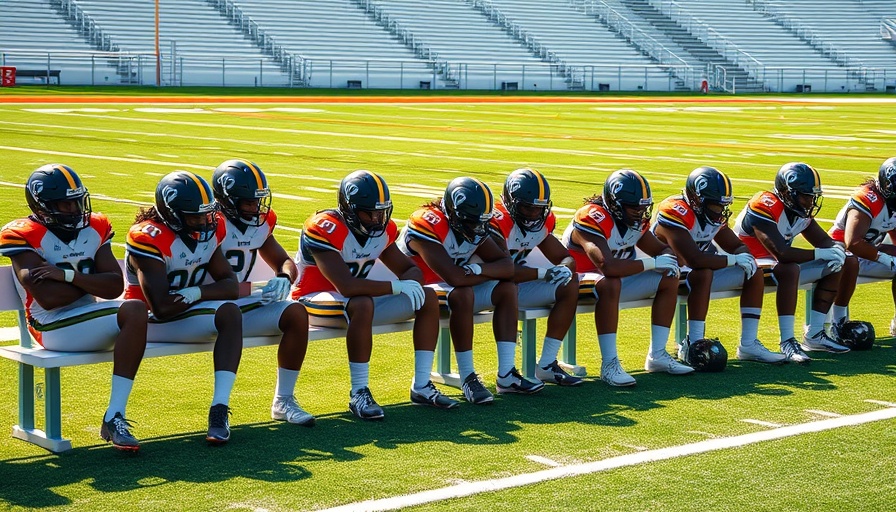 Motivating your team: football players seated on a bench.