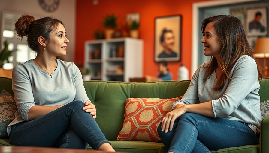 Two women discussing tough conversations in relationships on a green couch.