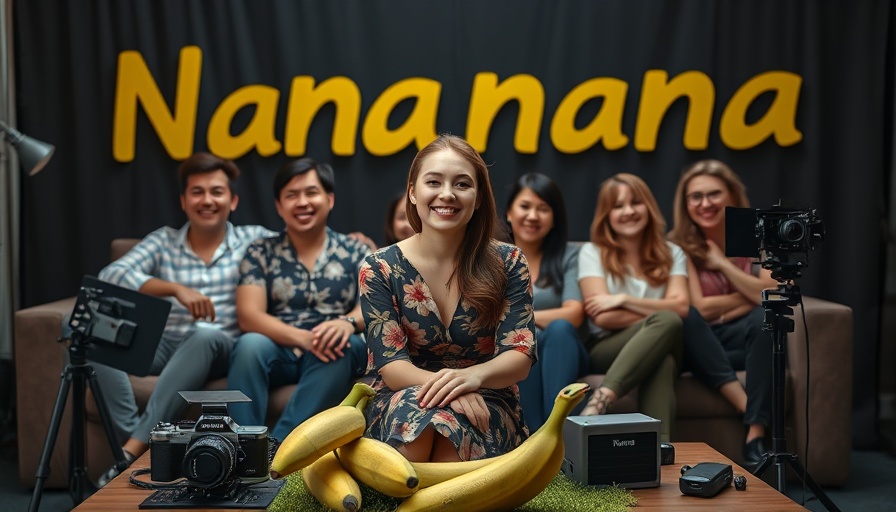 Cheerful group seated with Nano Banana diorama and tech setup.