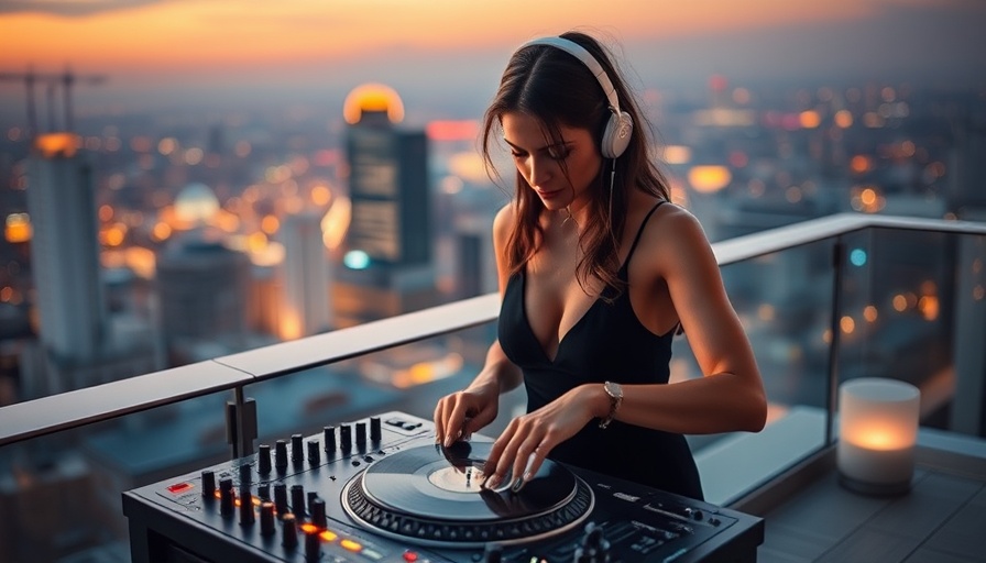 Elegant woman DJ adjusting turntable, city lights backdrop.